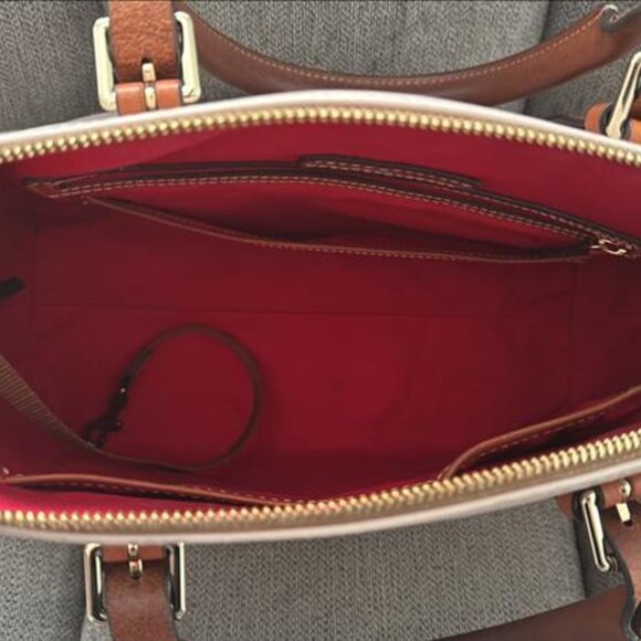 Share Dooney & Bourke Zip Top Satchel – Taupe & Tan Leather – Shoulder Strap Inc - Picture 4 of 6